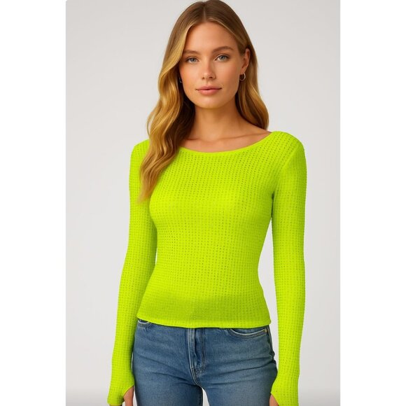 Ow Collection Tops - OW Collection MESHA Rhinestone Blouse in Cyber Lime Green NWT - Size S